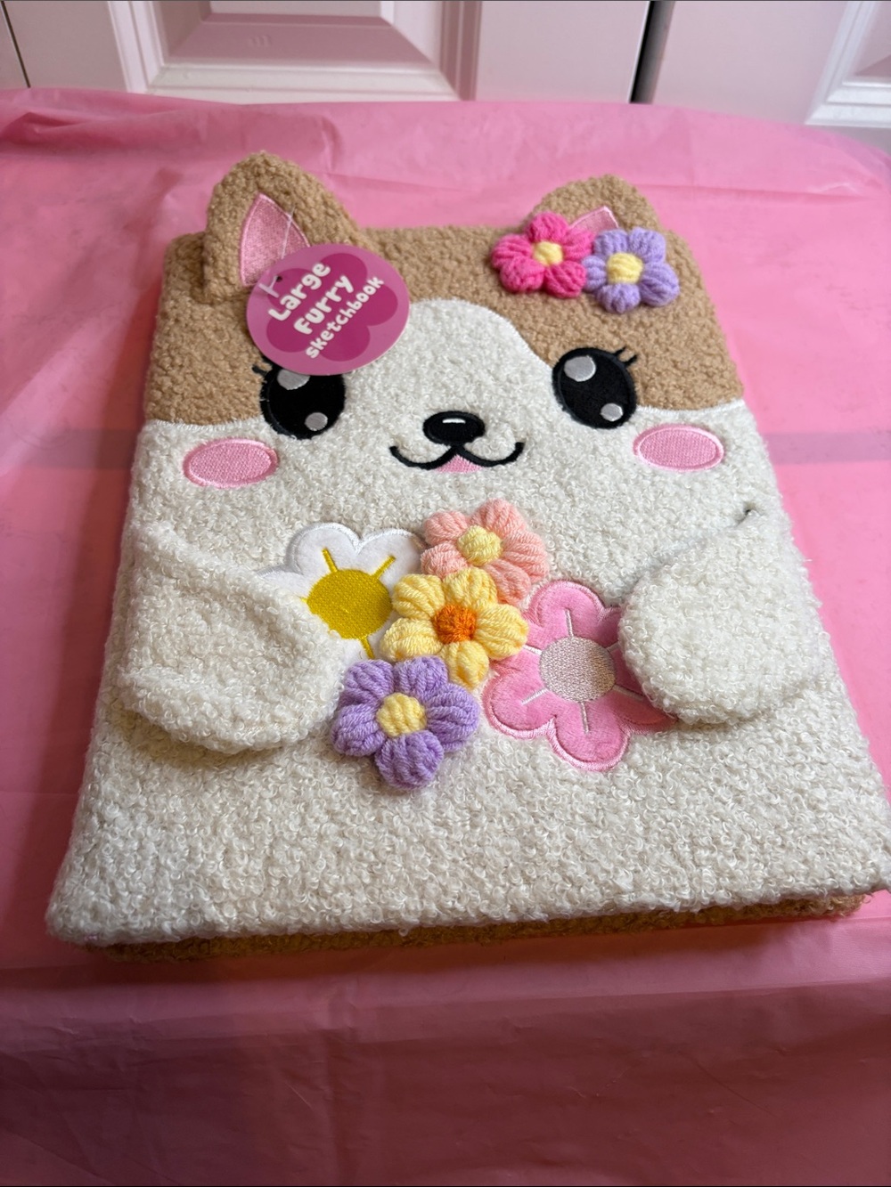 Cute Furry Floral Puppy Sketchbook - Cream & Tan with Pastel Flowers